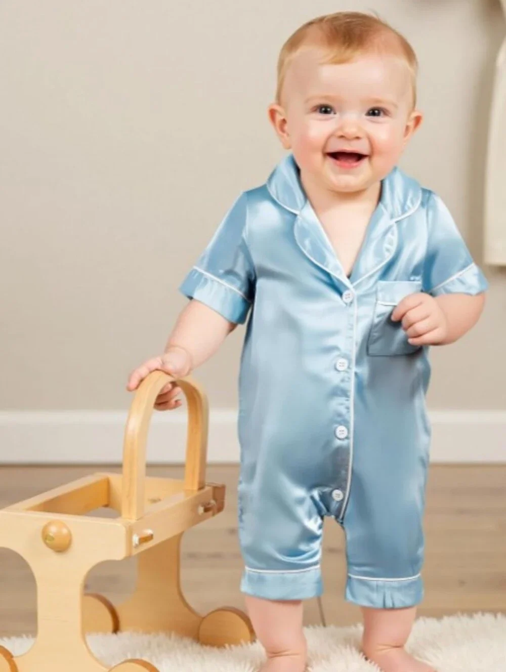Infant Satin Pajamas Romper Pink Blue 6M 12M 18M Button Up Short Sleeve Jumpsuit